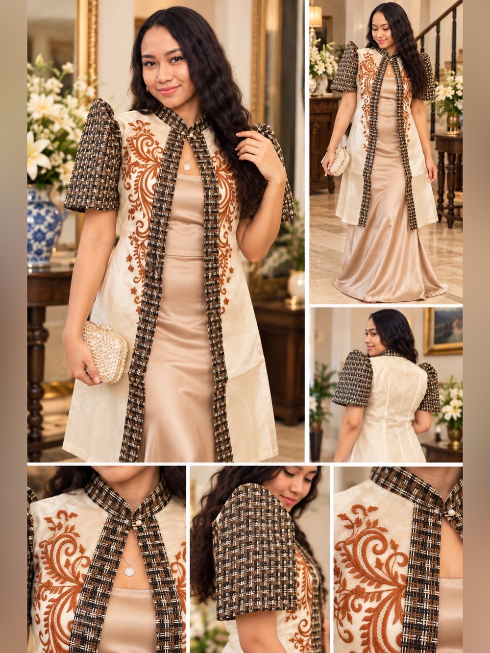 Filipiniana Embroidered Bolero Jacket Ivory Brown Tweed Pina Organza Formal Wear